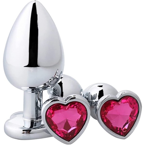 Kalp Mücevherli Çelik Anal Plug 3’lü Set